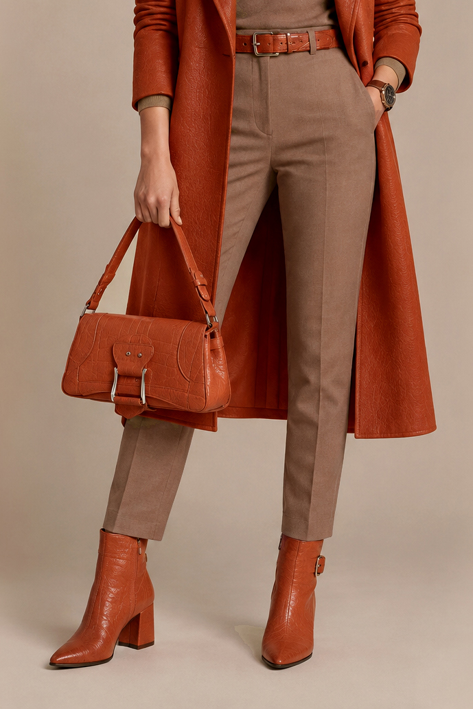 Women's terracotta back-buckle ankle boots with pointed toe and mid comma heel - Top view